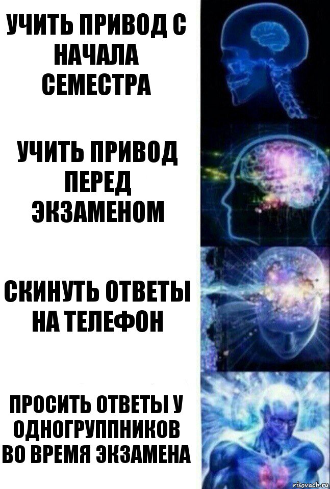 Учить привод с начала семестра Учить привод перед экзаменом Скинуть ответы на телефон Просить ответы у одногруппников во время экзамена, Комикс  Сверхразум