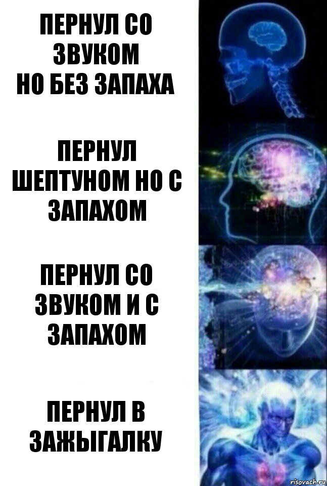 Пернул со звуком
но без запаха Пернул шептуном но с запахом Пернул со звуком и с запахом Пернул в зажыгалку, Комикс  Сверхразум