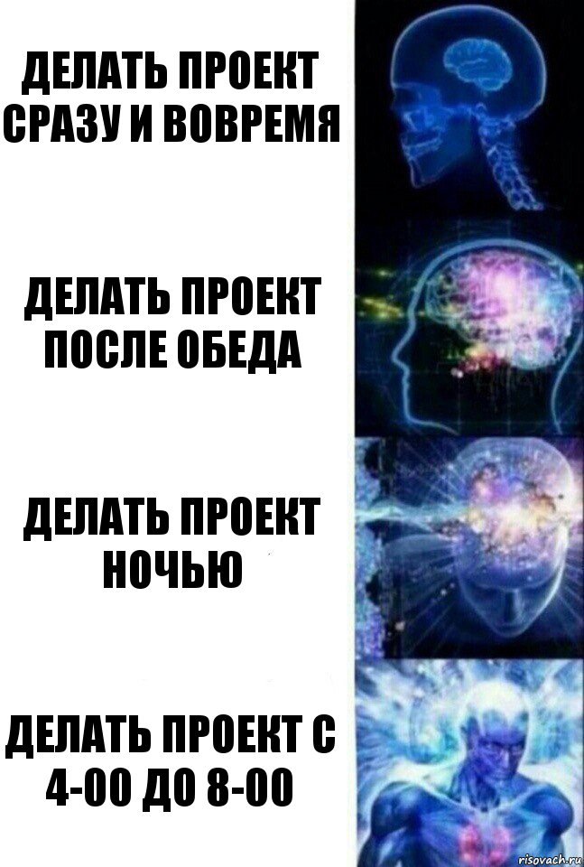 делать проект сразу и вовремя делать проект после обеда делать проект ночью делать проект с 4-00 до 8-00, Комикс  Сверхразум