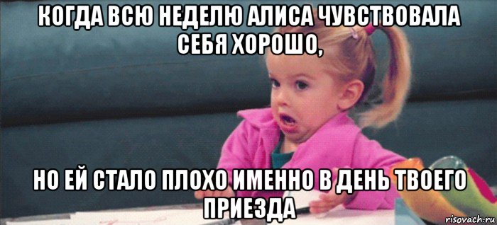 когда всю неделю алиса чувствовала себя хорошо, но ей стало плохо именно в день твоего приезда, Мем  Ты говоришь (девочка возмущается)