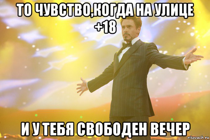 то чувство,когда на улице +18 и у тебя свободен вечер, Мем Тони Старк (Роберт Дауни младший)