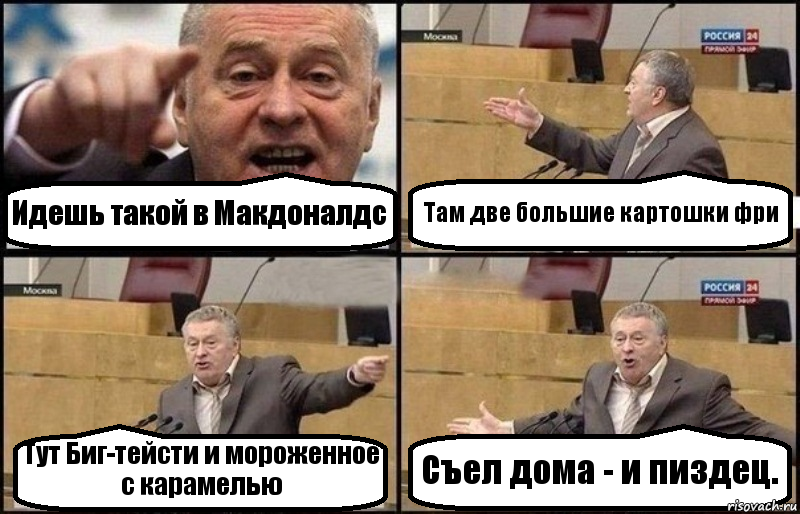 Идешь такой в Макдоналдс Там две большие картошки фри Тут Биг-тейсти и мороженное с карамелью Съел дома - и пиздец., Комикс Жириновский