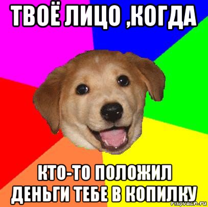 твоё лицо ,когда кто-то положил деньги тебе в копилку, Мем Advice Dog