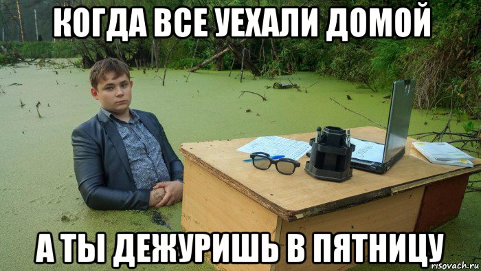 когда все уехали домой а ты дежуришь в пятницу, Мем  Парень сидит в болоте