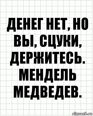 ДЕНЕГ НЕТ, НО
ВЫ, СЦУКИ,
ДЕРЖИТЕСЬ.
МЕНДЕЛЬ МЕДВЕДЕВ., Комикс  бумага