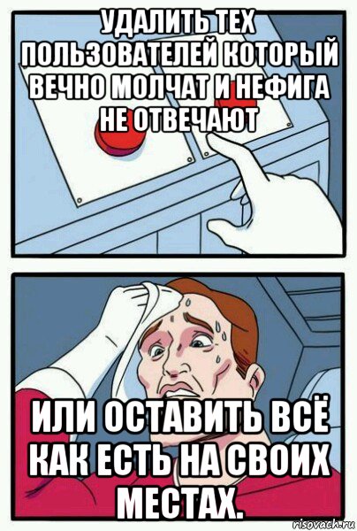 удалить тех пользователей который вечно молчат и нефига не отвечают или оставить всё как есть на своих местах., Мем Две кнопки