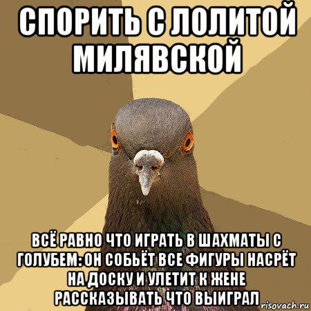 спорить с лолитой милявской всё равно что играть в шахматы с голубем: он собьёт все фигуры насрёт на доску и улетит к жене рассказывать что выиграл, Мем голубь