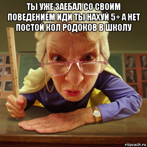 ты уже заебал со своим поведением иди ты нахуй 5+ а нет постой кол родоков в школу , Мем Злая училка