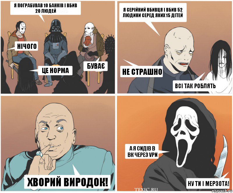 Я пограбував 10 банків і вбив 20 людей нічого це норма буває Я серійний вбивця і вбив 52 людини серед яких 15 дітей не страшно всі так роблять А я сидів в вк через vpn ну ти і мерзота! хворий виродок!