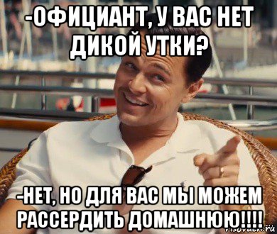 -официант, у вас нет дикой утки? -нет, но для вас мы можем рассердить домашнюю!!!!, Мем Хитрый Гэтсби