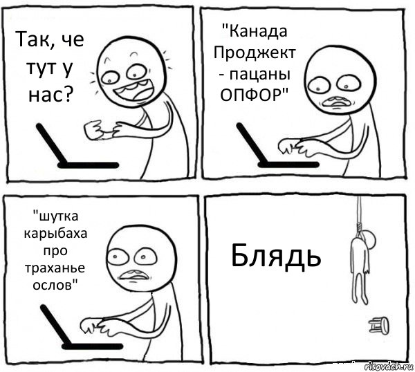 Так, че тут у нас? "Канада Проджект - пацаны ОПФОР" "шутка карыбаха про траханье ослов" Блядь, Комикс интернет убивает