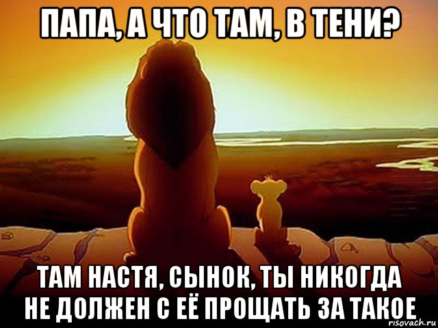 папа, а что там, в тени? там настя, сынок, ты никогда не должен с её прощать за такое, Мем  король лев