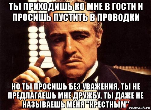 ты приходишь ко мне в гости и просишь пустить в проводки но ты просишь без уважения, ты не предлагаешь мне дружбу, ты даже не называешь меня "крестным", Мем крестный отец