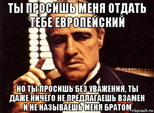 ты просишь меня отдать тебе европейский но ты просишь без уважения, ты даже ничего не предлагаешь взамен и не называешь меня братом, Мем крестный отец