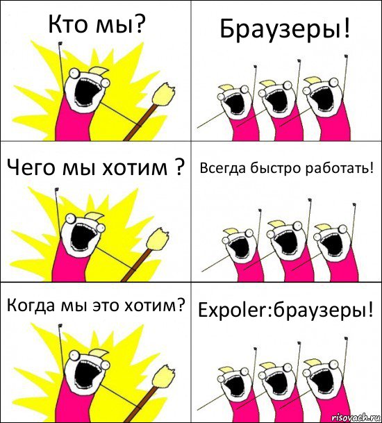 Кто мы? Браузеры! Чего мы хотим ? Всегда быстро работать! Когда мы это хотим? Expoler:браузеры!, Комикс кто мы