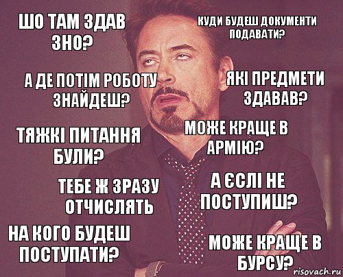 ШО ТАМ ЗДАВ ЗНО? КУДИ БУДЕШ ДОКУМЕНТИ ПОДАВАТИ? ТЯЖКІ ПИТАННЯ БУЛИ? НА КОГО БУДЕШ ПОСТУПАТИ? А ЄСЛІ НЕ ПОСТУПИШ? МОЖЕ КРАЩЕ В АРМІЮ? ТЕБЕ Ж ЗРАЗУ ОТЧИСЛЯТЬ МОЖЕ КРАЩЕ В БУРСУ? А ДЕ ПОТІМ РОБОТУ ЗНАЙДЕШ? ЯКІ ПРЕДМЕТИ ЗДАВАВ?