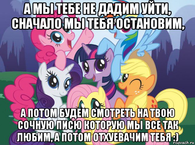 а мы тебе не дадим уйти, сначало мы тебя остановим, а потом будем смотреть на твою сочную писю которую мы все так любим, а потом отхуевачим тебя :), Мем My little pony