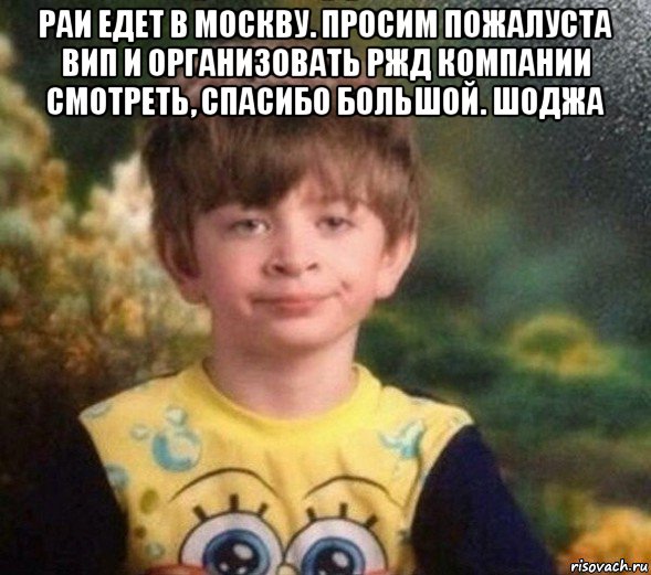 раи едет в москву. просим пожалуста вип и организовать ржд компании смотреть, спасибо большой. шоджа , Мем Недовольный пацан