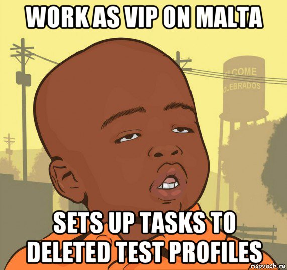 work as vip on malta sets up tasks to deleted test profiles, Мем Пацан наркоман