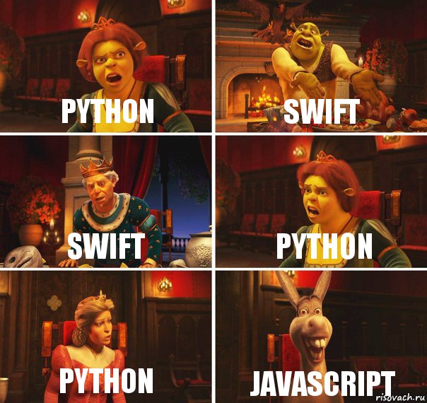 Python Swift Swift Python Python Javascript, Комикс  Шрек Фиона Гарольд Осел