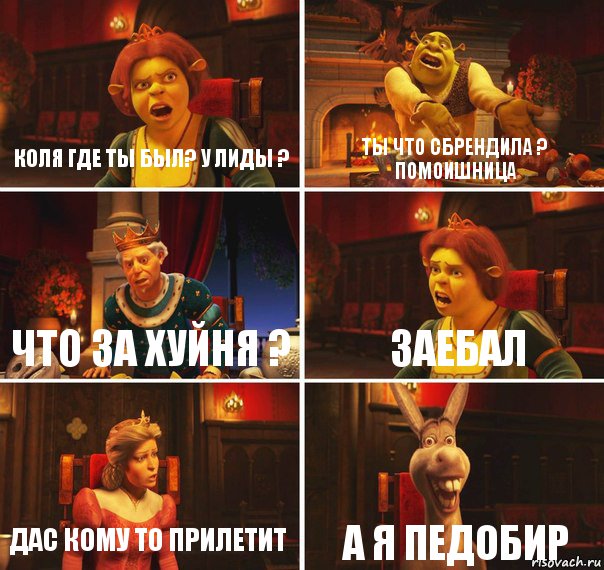 Коля где ты был? У лиды ? Ты что сбрендила ? Помоишница Что за хуйня ? Заебал Дас кому то прилетит А я педобир, Комикс  Шрек Фиона Гарольд Осел