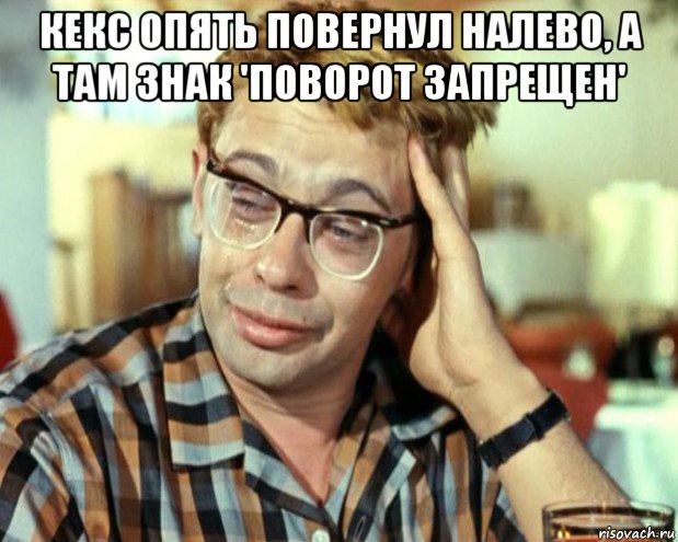 кекс опять повернул налево, а там знак 'поворот запрещен' , Мем Шурик (птичку жалко)