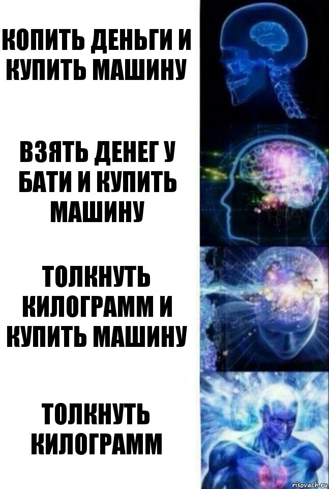 Копить деньги и купить машину Взять денег у бати и купить машину толкнуть килограмм и купить машину толкнуть килограмм, Комикс  Сверхразум