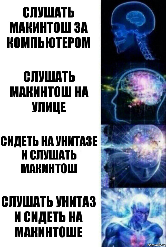 Слушать Макинтош за компьютером Слушать Макинтош на улице Сидеть на унитазе и слушать Макинтош Слушать унитаз и сидеть на Макинтоше, Комикс  Сверхразум