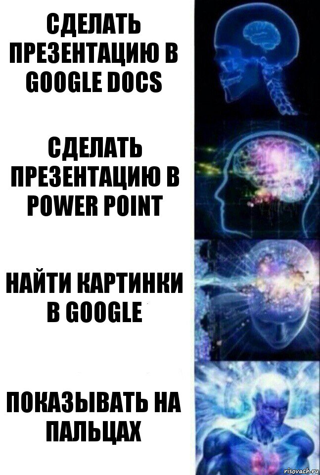 Сделать презентацию в Google Docs Сделать презентацию в Power point Найти картинки в Google Показывать на пальцах, Комикс  Сверхразум