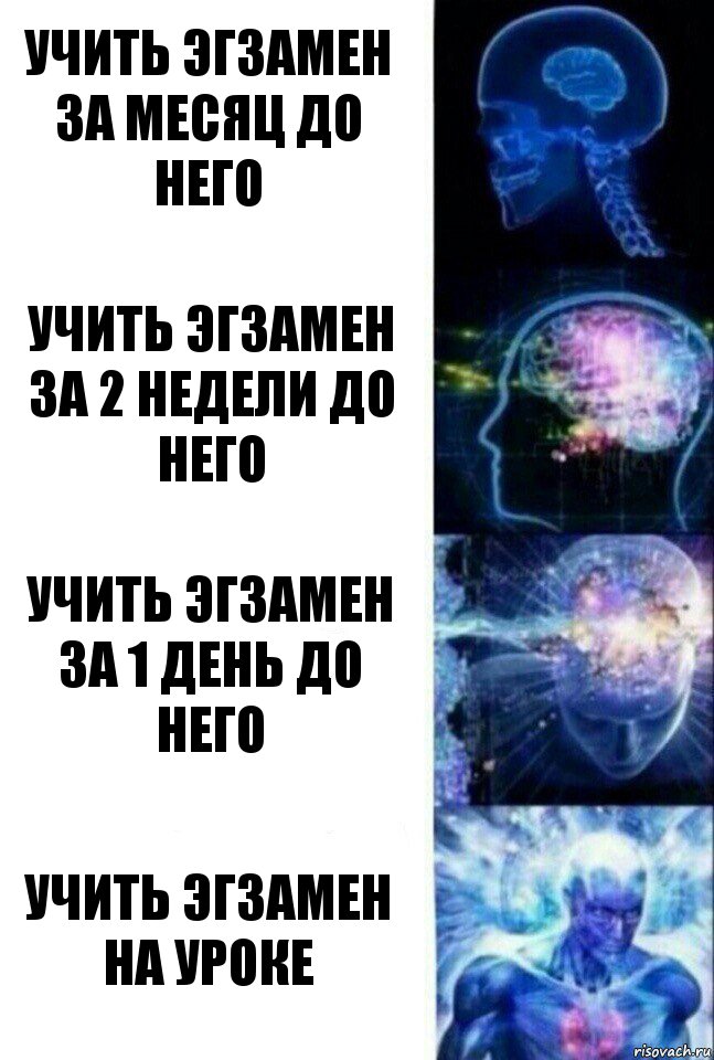 Учить эгзамен за месяц до него учить эгзамен за 2 недели до него учить эгзамен за 1 день до него учить эгзамен на уроке, Комикс  Сверхразум