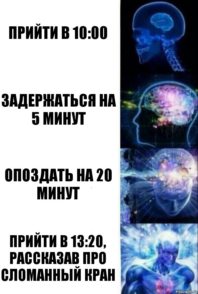 прийти в 10:00 задержаться на 5 минут опоздать на 20 минут прийти в 13:20, рассказав про сломанный кран, Комикс  Сверхразум