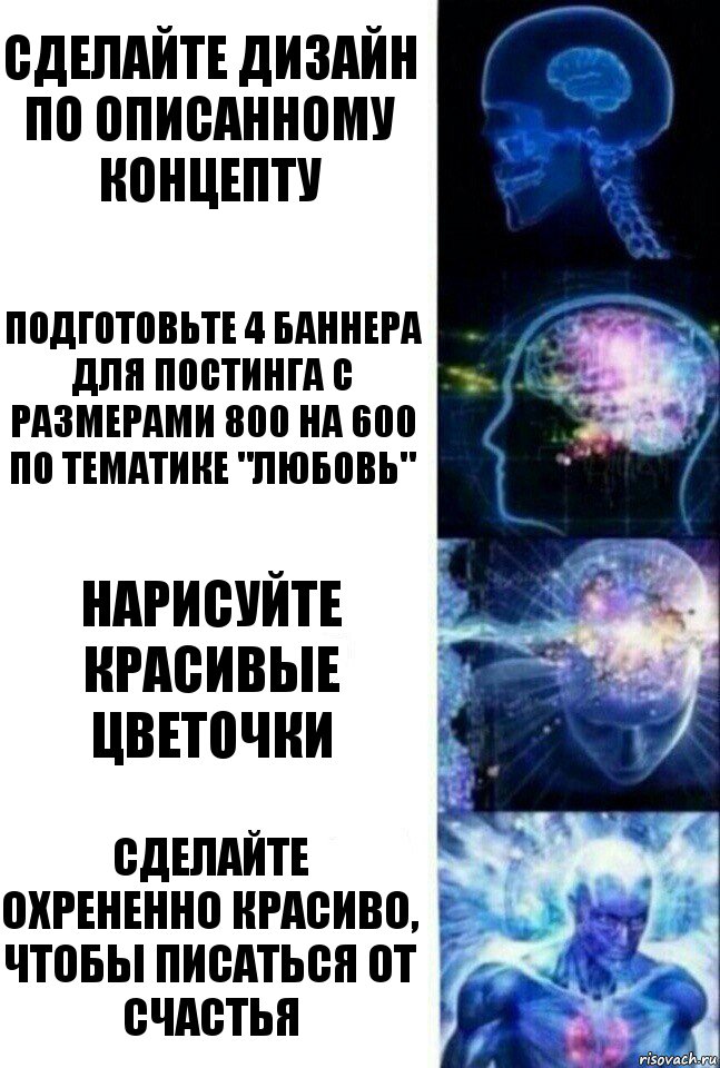 Сделайте дизайн по описанному концепту Подготовьте 4 баннера для постинга с размерами 800 на 600 по тематике "Любовь" Нарисуйте красивые цветочки Сделайте охрененно красиво, чтобы писаться от счастья, Комикс  Сверхразум