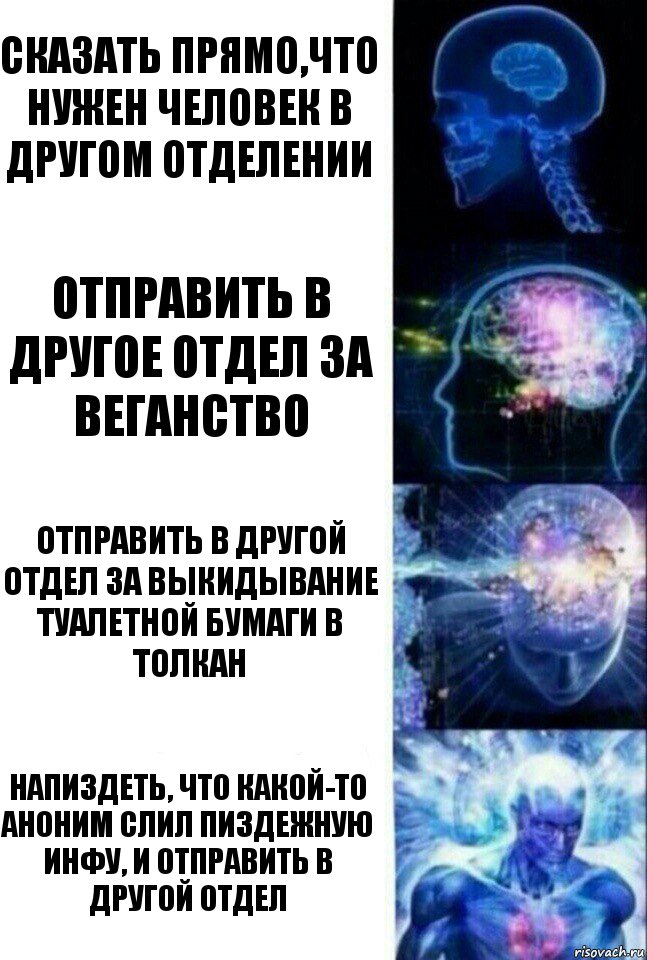 Сказать прямо,что нужен человек в другом отделении Отправить в другое отдел за веганство Отправить в другой отдел за выкидывание туалетной бумаги в толкан Напиздеть, что какой-то аноним слил пиздежную инфу, и отправить в другой отдел, Комикс  Сверхразум