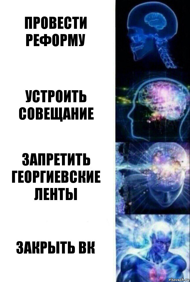 Провести реформу Устроить совещание Запретить георгиевские ленты ЗАКРЫТЬ ВК, Комикс  Сверхразум