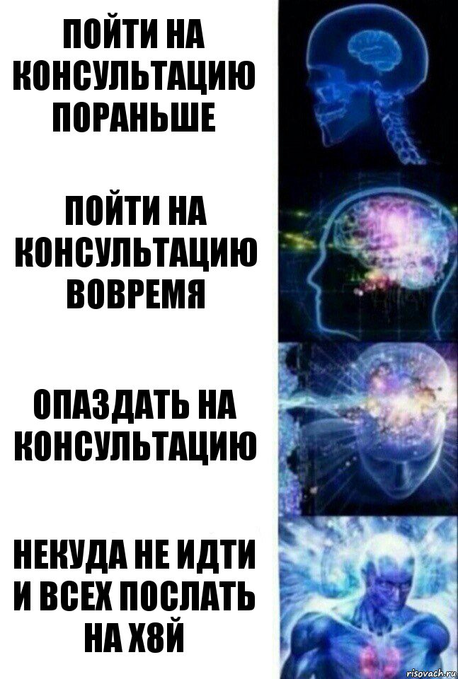 пойти на консультацию пораньше пойти на консультацию вовремя опаздать на консультацию некуда не идти и всех послать на х8й, Комикс  Сверхразум