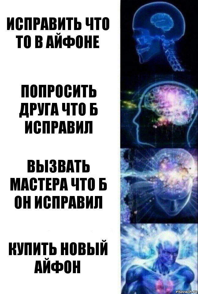 Исправить что то в айфоне Попросить друга что б исправил Вызвать мастера что б он исправил Купить новый айфон, Комикс  Сверхразум