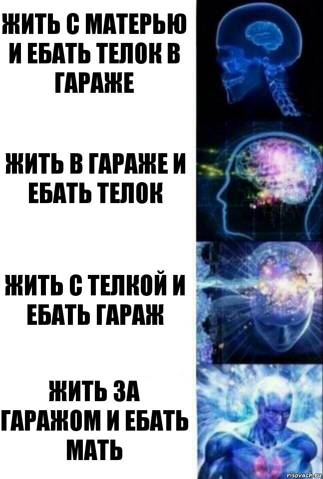 Жить с матерью и ебать телок в гараже Жить в гараже и ебать телок Жить с телкой и ебать гараж Жить за гаражом и ебать мать, Комикс  Сверхразум