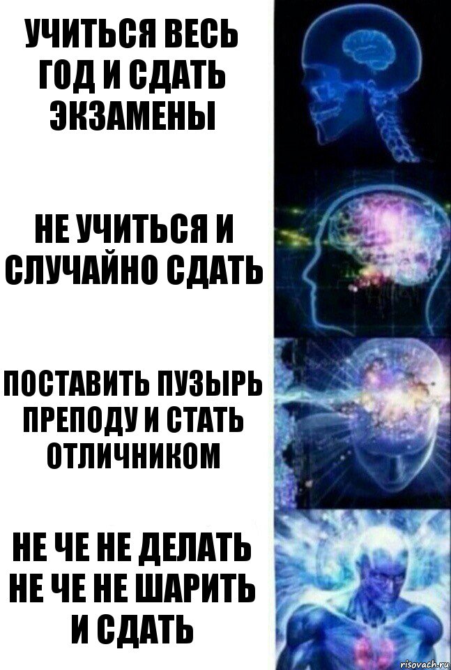 учиться весь год и сдать экзамены не учиться и случайно сдать поставить пузырь преподу и стать отличником не че не делать не че не шарить и сдать, Комикс  Сверхразум