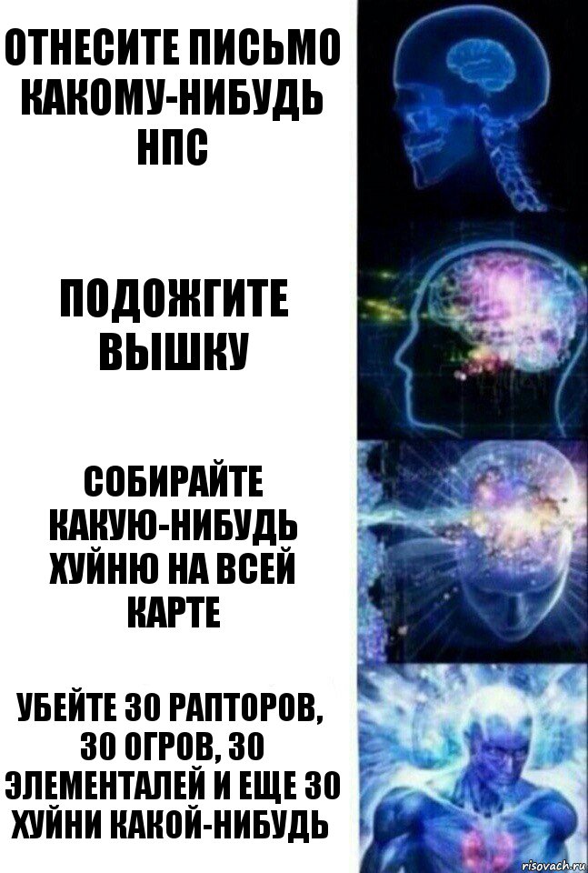 отнесите письмо какому-нибудь нпс подожгите вышку собирайте какую-нибудь хуйню на всей карте убейте 30 рапторов, 30 огров, 30 элементалей и еще 30 хуйни какой-нибудь, Комикс  Сверхразум