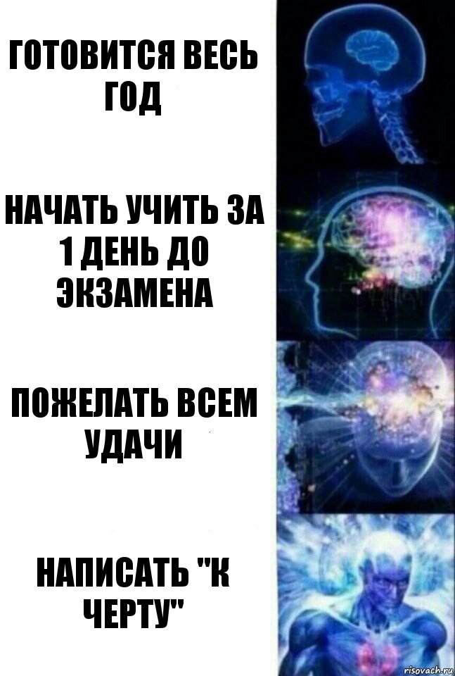 Готовится весь год Начать учить за 1 день до экзамена Пожелать всем удачи Написать "К черту", Комикс  Сверхразум