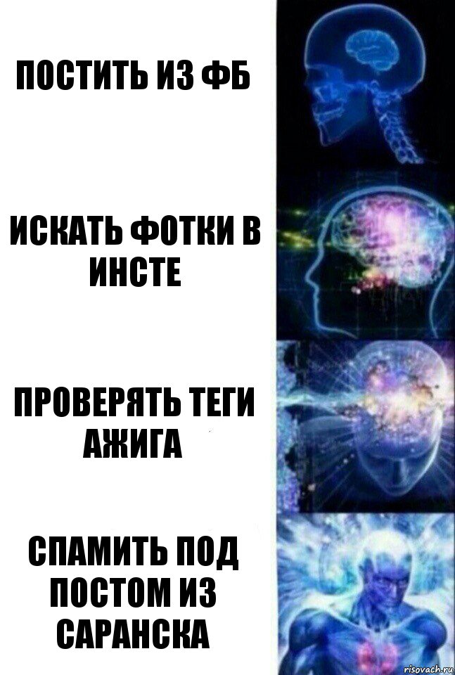 Постить из фб Искать фотки в инсте Проверять теги Ажига Спамить под постом из Саранска, Комикс  Сверхразум