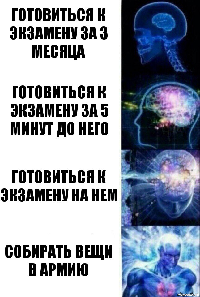 Готовиться к экзамену за 3 месяца Готовиться к экзамену за 5 минут до него Готовиться к экзамену на нем Собирать вещи в армию, Комикс  Сверхразум