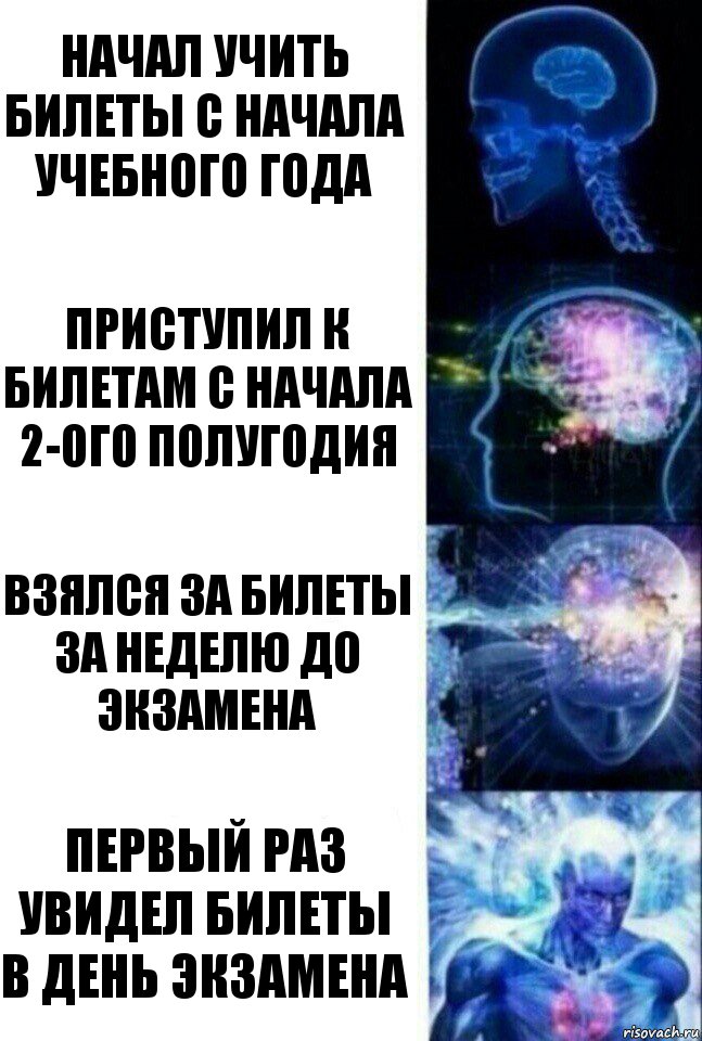 Начал учить билеты с начала учебного года Приступил к билетам с начала 2-ого полугодия Взялся за билеты за неделю до экзамена Первый раз увидел билеты в день экзамена, Комикс  Сверхразум