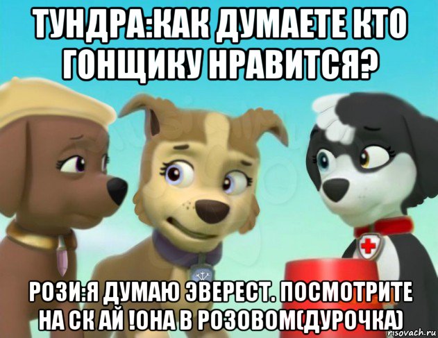 тундра:как думаете кто гонщику нравится? рози:я думаю эверест. посмотрите на ск ай !она в розовом(дурочка)