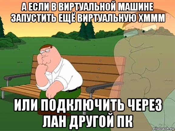 а если в виртуальной машине запустить ещё виртуальную хммм или подключить через лан другой пк, Мем Задумчивый Гриффин