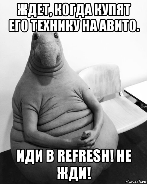 ждет, когда купят его технику на авито. иди в refresh! не жди!, Мем  Ждун