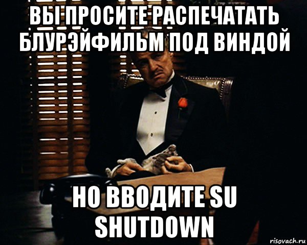 вы просите распечатать блурэйфильм под виндой но вводите su shutdown, Мем Дон Вито Корлеоне