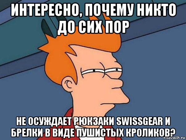 интересно, почему никто до сих пор не осуждает рюкзаки swissgear и брелки в виде пушистых кроликов?, Мем  Фрай (мне кажется или)