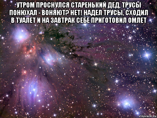 утром проснулся старенький дед, трусы понюхал - воняют? нет! надел трусы, сходил в туалет и на завтрак себе приготовил омлет , Мем Космос