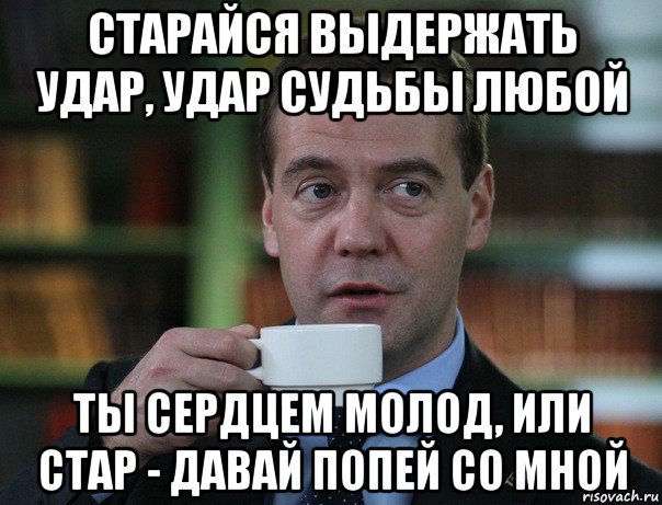 старайся выдержать удар, удар судьбы любой ты сердцем молод, или стар - давай попей со мной, Мем Медведев спок бро